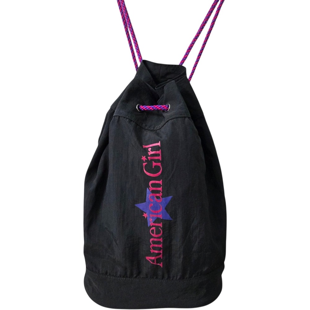 American Girl Black Nylon Drawstring Sling Backpack Y2K Star Logo Purple Rope